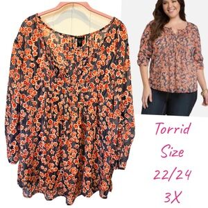 Torrid Blue and Orange Floral Top Womens 3X Boho Sheer Pleated